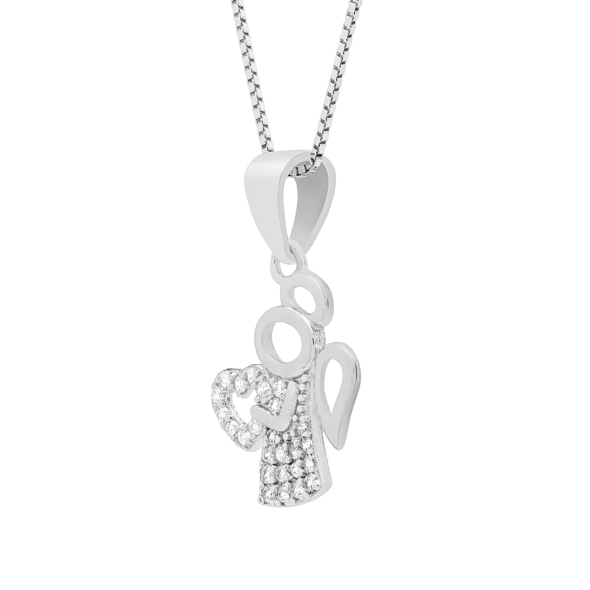 Sterling Silver Angel-shaped Holding a Heart Pendant With Crystals and Chain