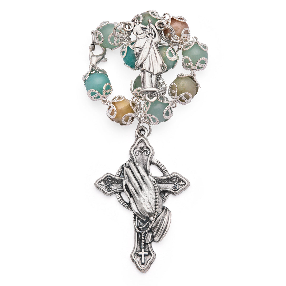 Amazonite One-Decade Rosary Bracelet with St. Christopher and Praying Hands Cross