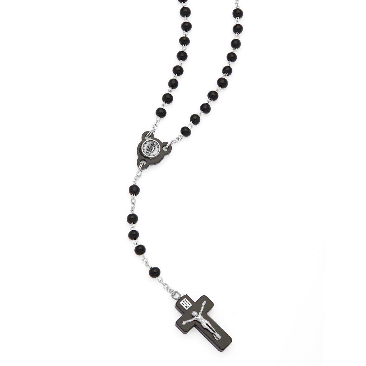 Black Wood Rosary with Crucifix Featuring Metal Body of Christ