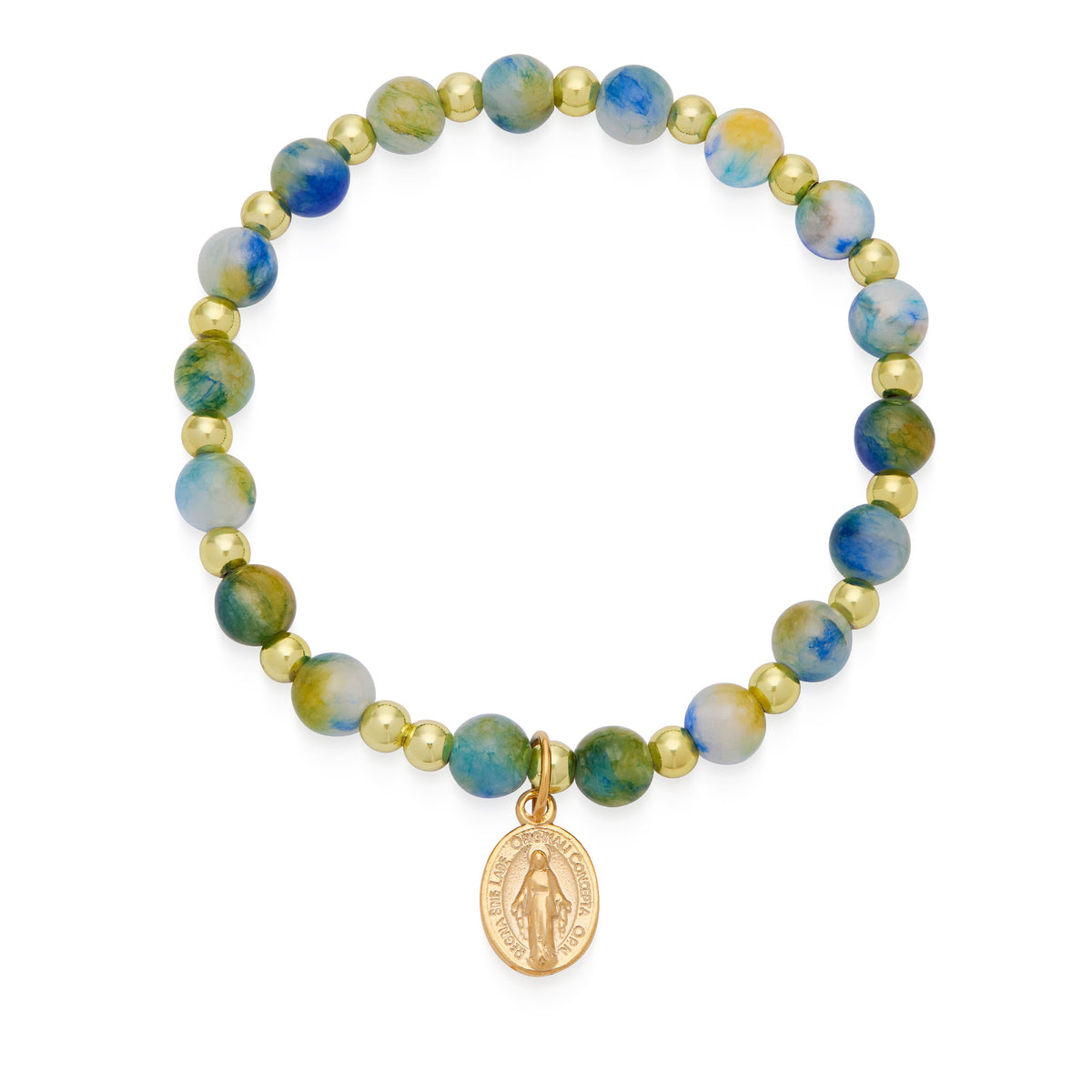 Calcite Elastic Bracelet With Green and Blue Hues and Miraculous Medal