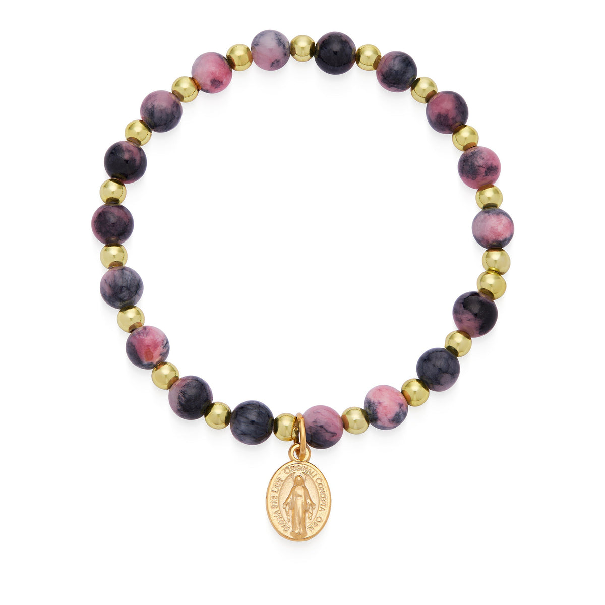 Calcite Elastic Bracelet With Grey and Pink Hues and Miraculous Medal
