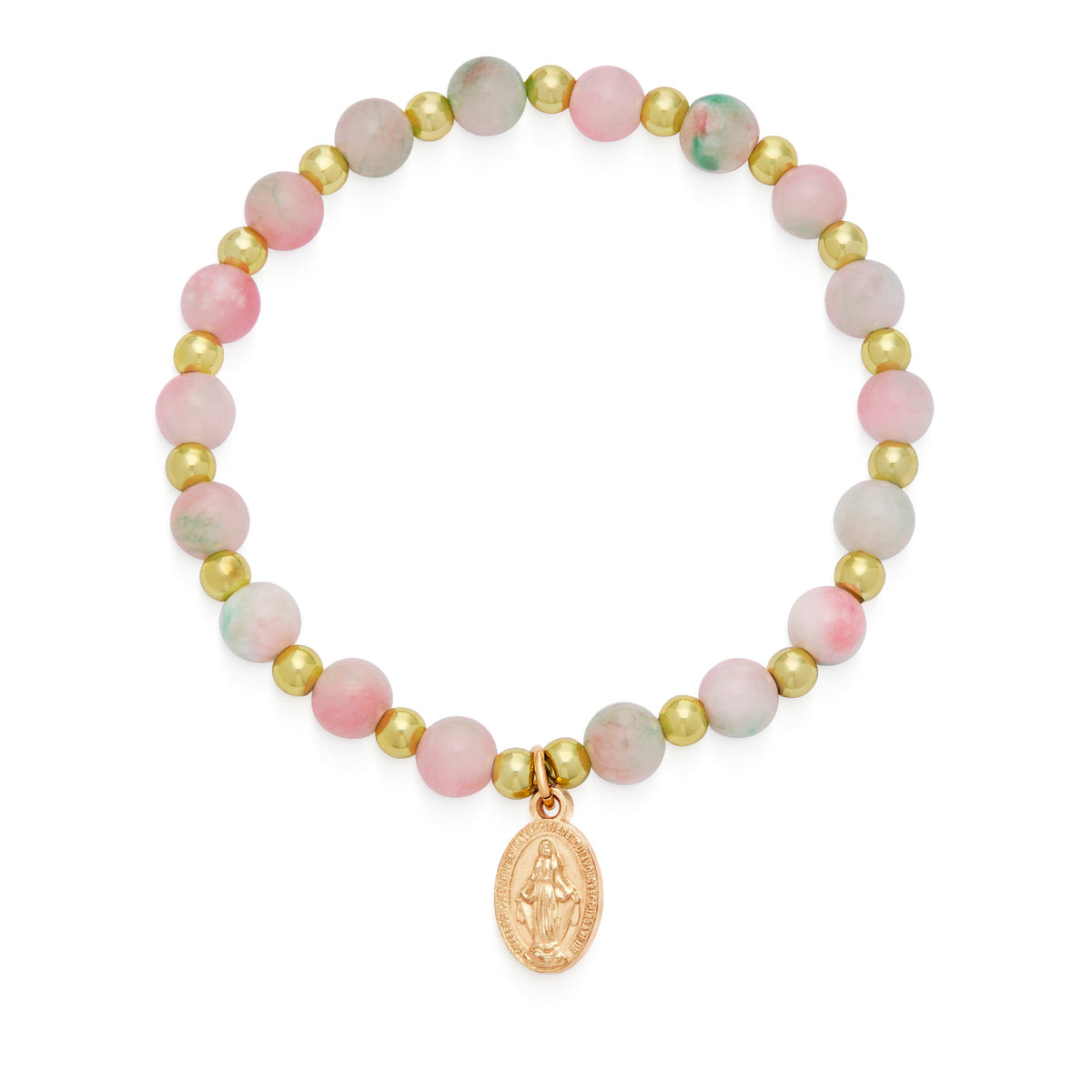 Calcite Elastic Bracelet With Light Pink and Green Hues and Miraculous Medal