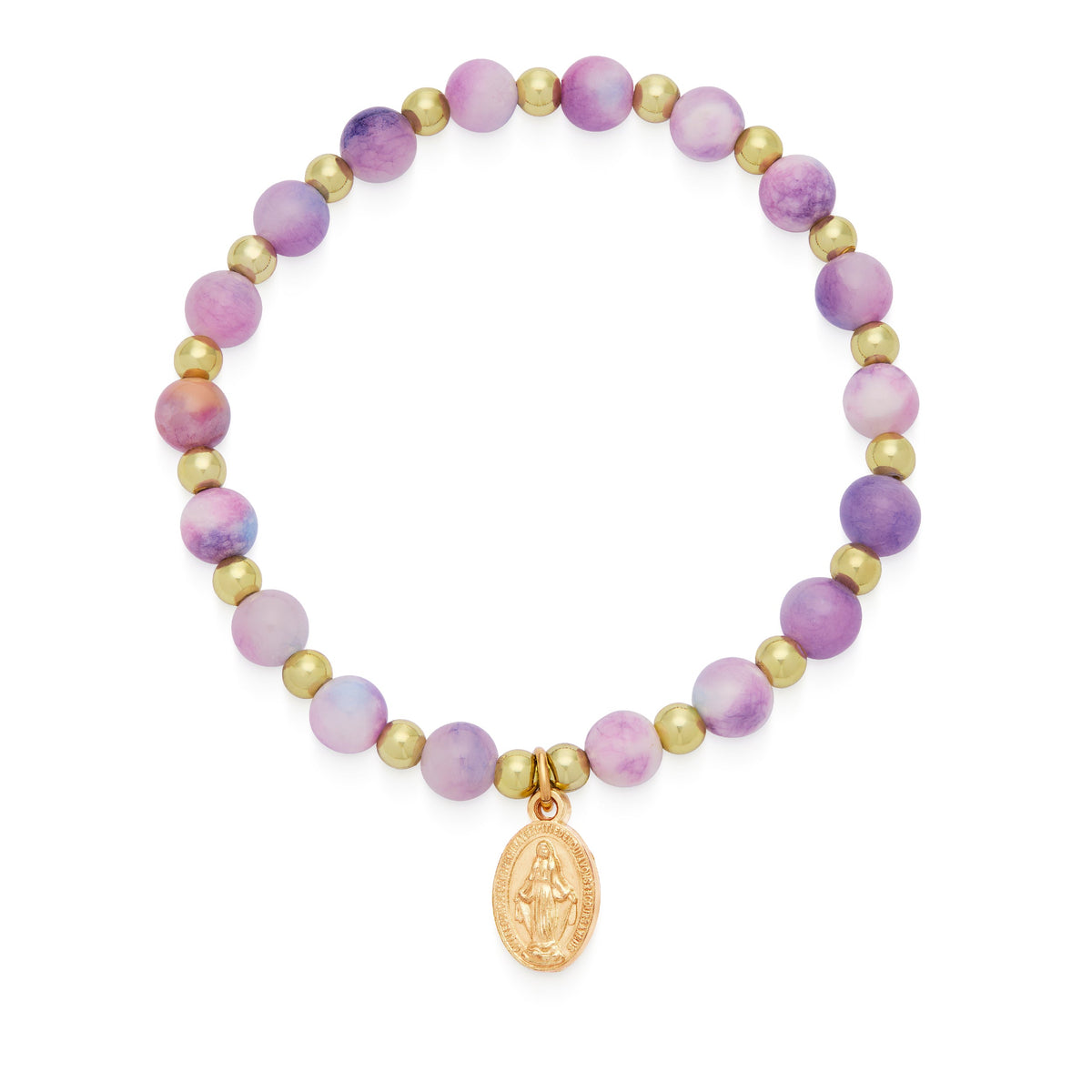 Calcite Elastic Bracelet With Light Pink and Purple Hues and Miraculous Medal