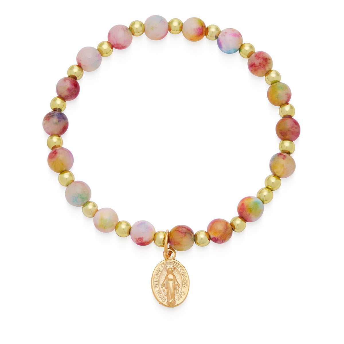 Calcite Elastic Bracelet With Multicolor Hues and Miraculous Medal