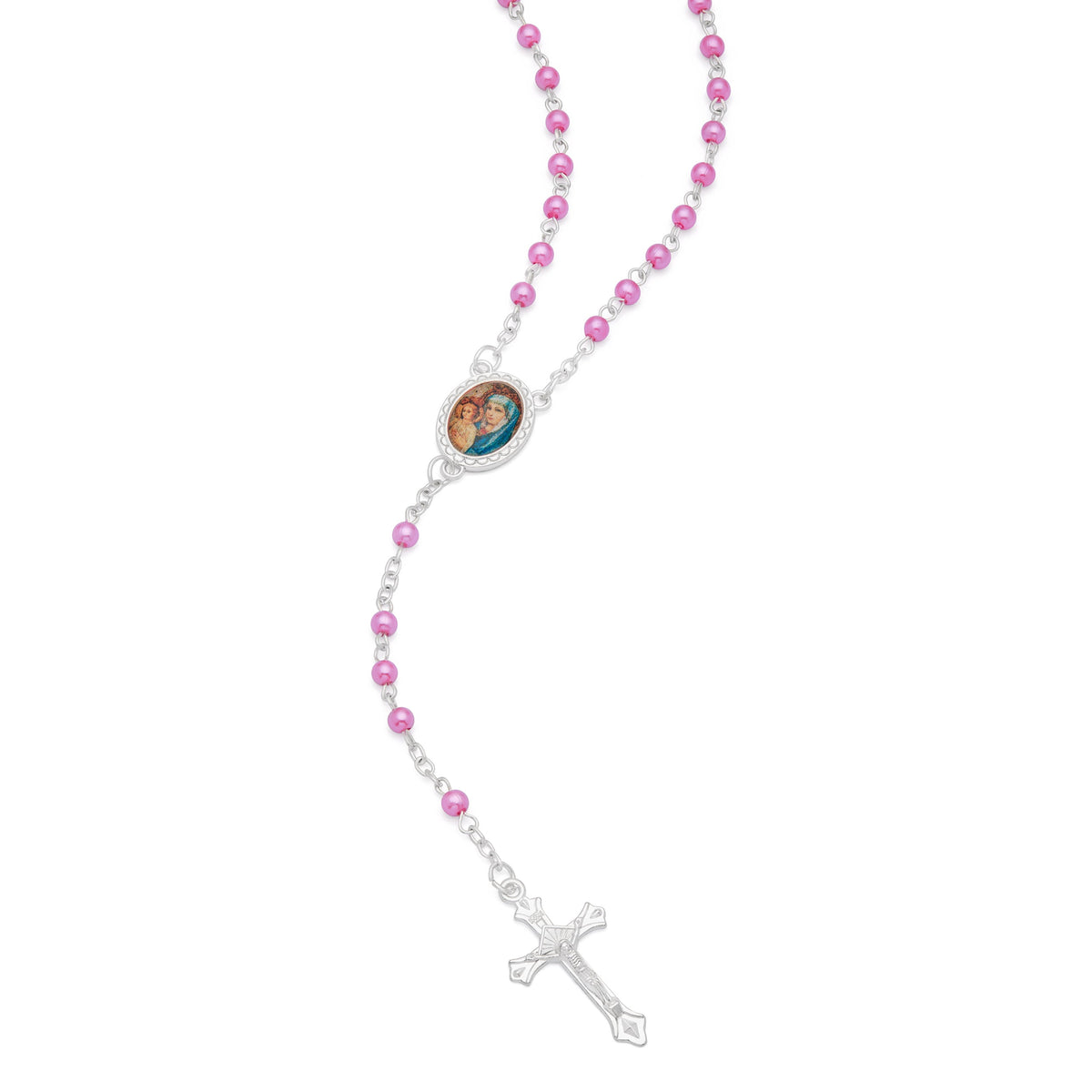 Cross-shaped Mater Ecclesiae Rosary Case with Fuchsia Synthetic Pearl Rosary