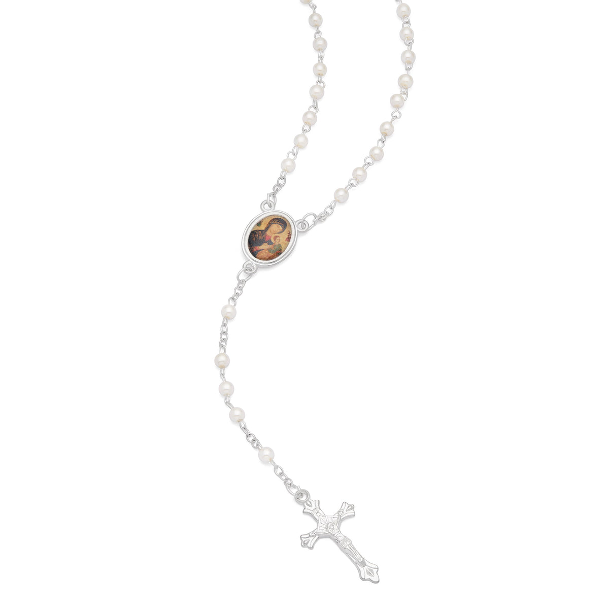 Cross-shaped Our Lady of Perpetual Help Rosary Case with White Synthetic Pearl Rosary