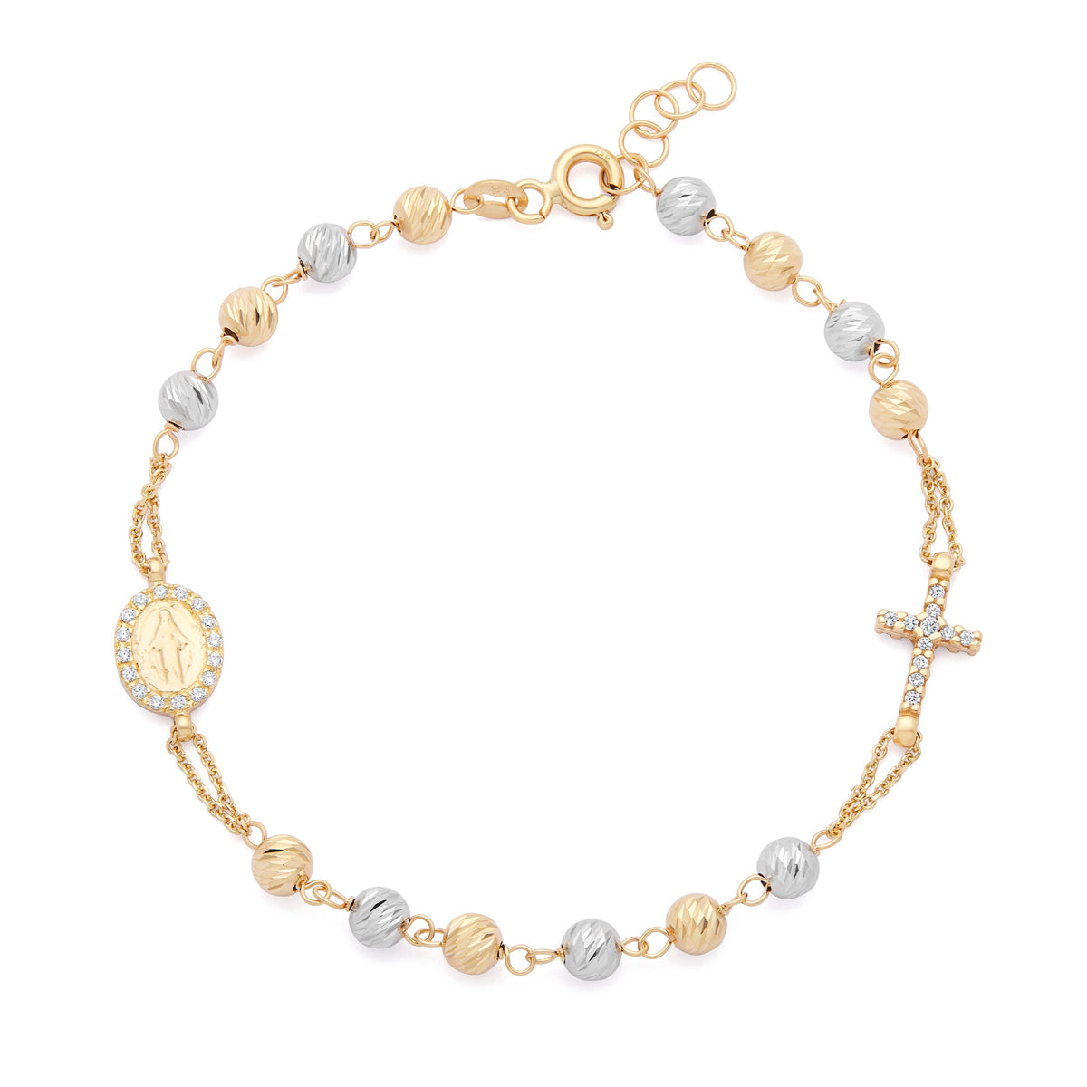 Bracelet with Yellow Gold and White Gold Faceted Beads with Miraculous Medal and Cross in Cubic Zirconia