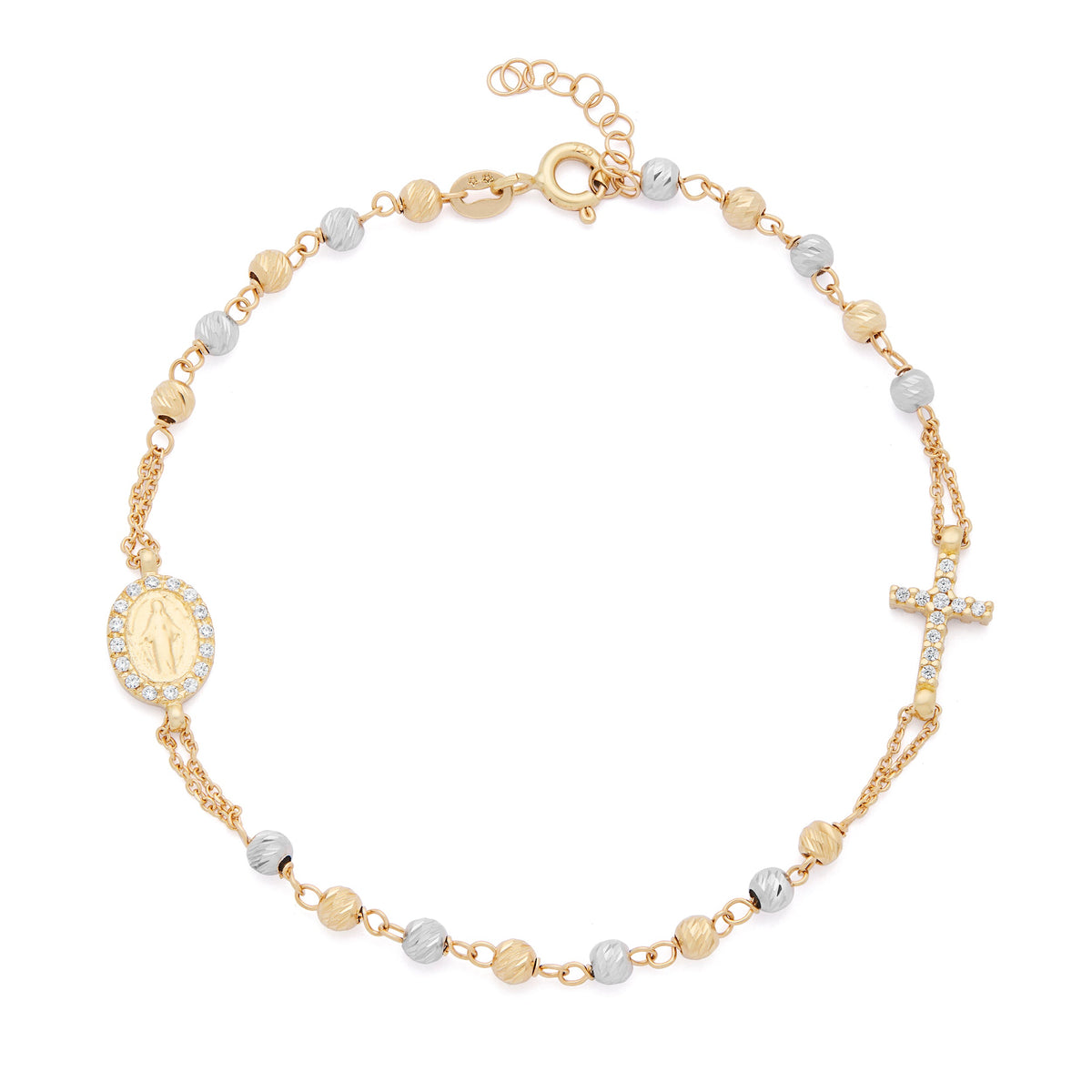 Bracelet with Yellow Gold and White Gold Small Faceted Beads with Miraculous Medal and Cross in Cubic Zirconia