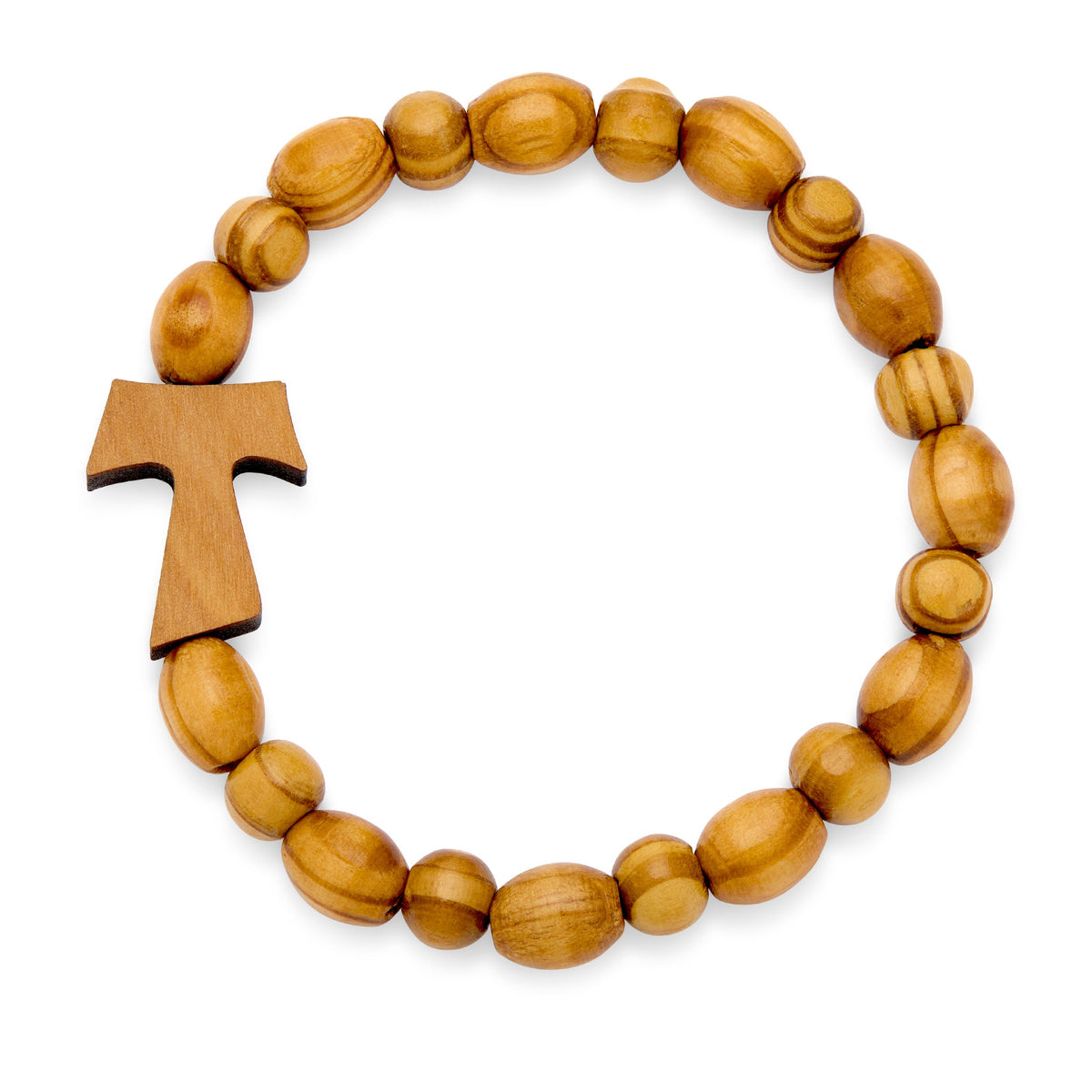 Olive Wood Elastic Bracelet With Oval Beads and Tau Cross