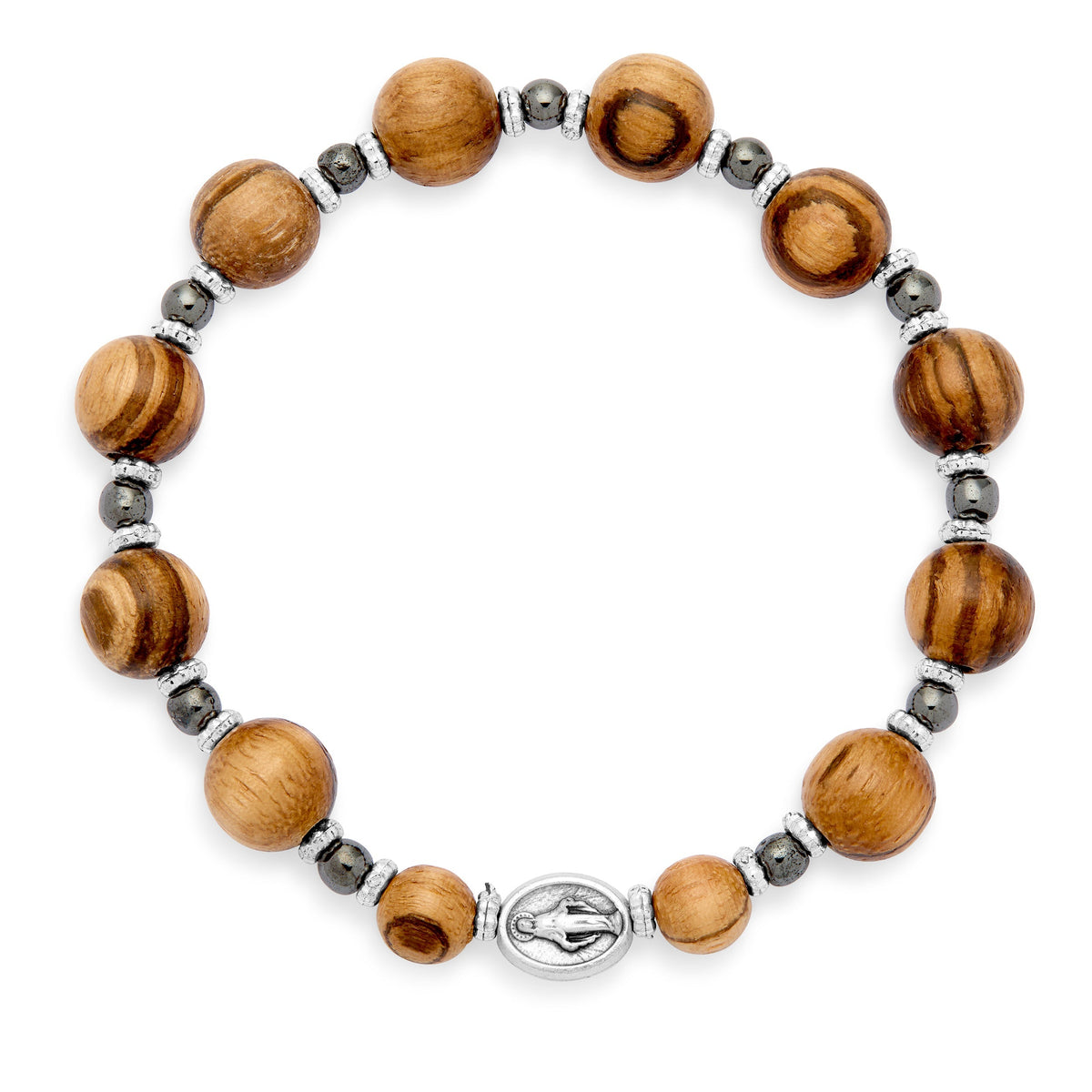 Elastic Wooden Bracelet With Hematite Crystals and Miraculous Medal