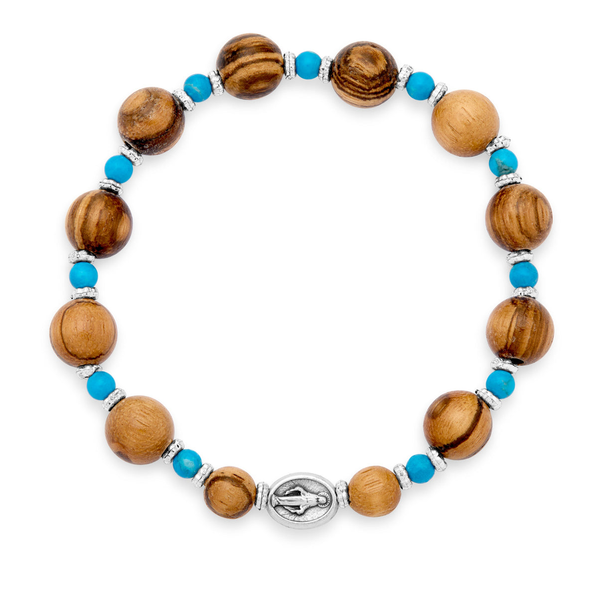 Elastic Wooden Bracelet With Turquoise Crystals and Miraculous Medal