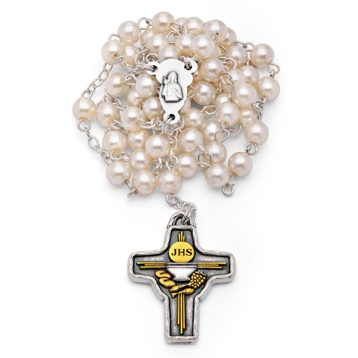 Pink Enameled First Communion Rosary Case With Pearl Beads Rosary