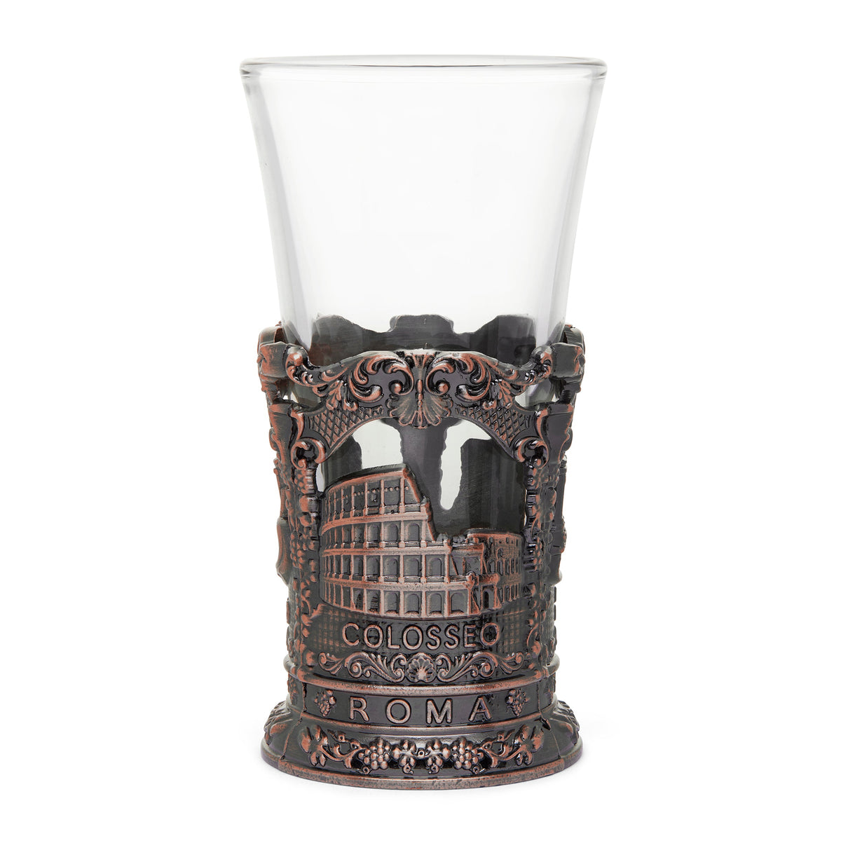 Glass Souvenir Shot Glass with Bronze-toned Metal Base featuring St. Peter's Basilica and Colosseum