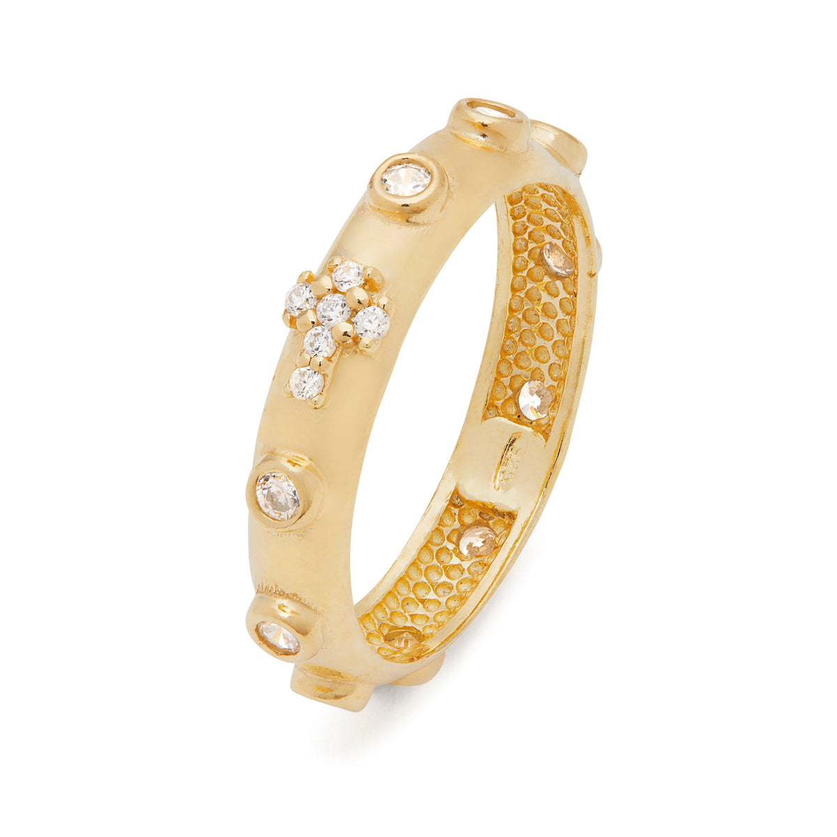 Gold-plated Sterling Silver Rosary Ring with Crystal Cross and Beads