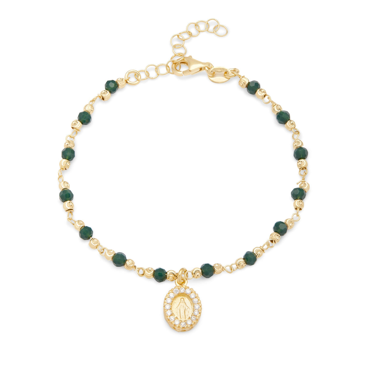 Gold-plated Sterling Silver Bracelet With Green Beads and Miraculous Medal With Cubic Zirconia Pendant