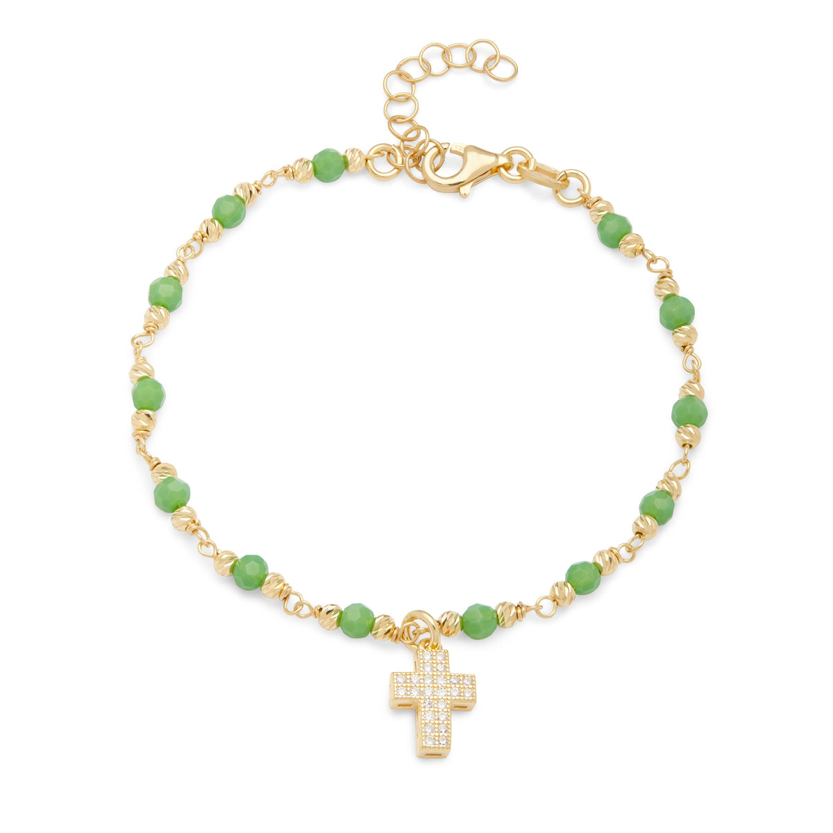 Gold-plated Sterling Silver Bracelet With Light Green Beads and Cross With Cubic Zirconia Pendant