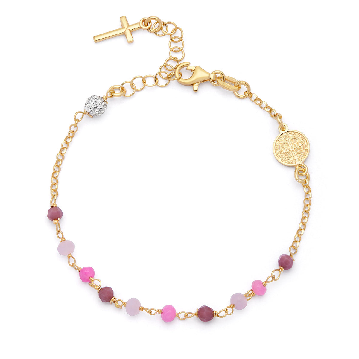 Gold-plated Sterling Silver Bracelet With Pink Beads and St. Benedict Medal