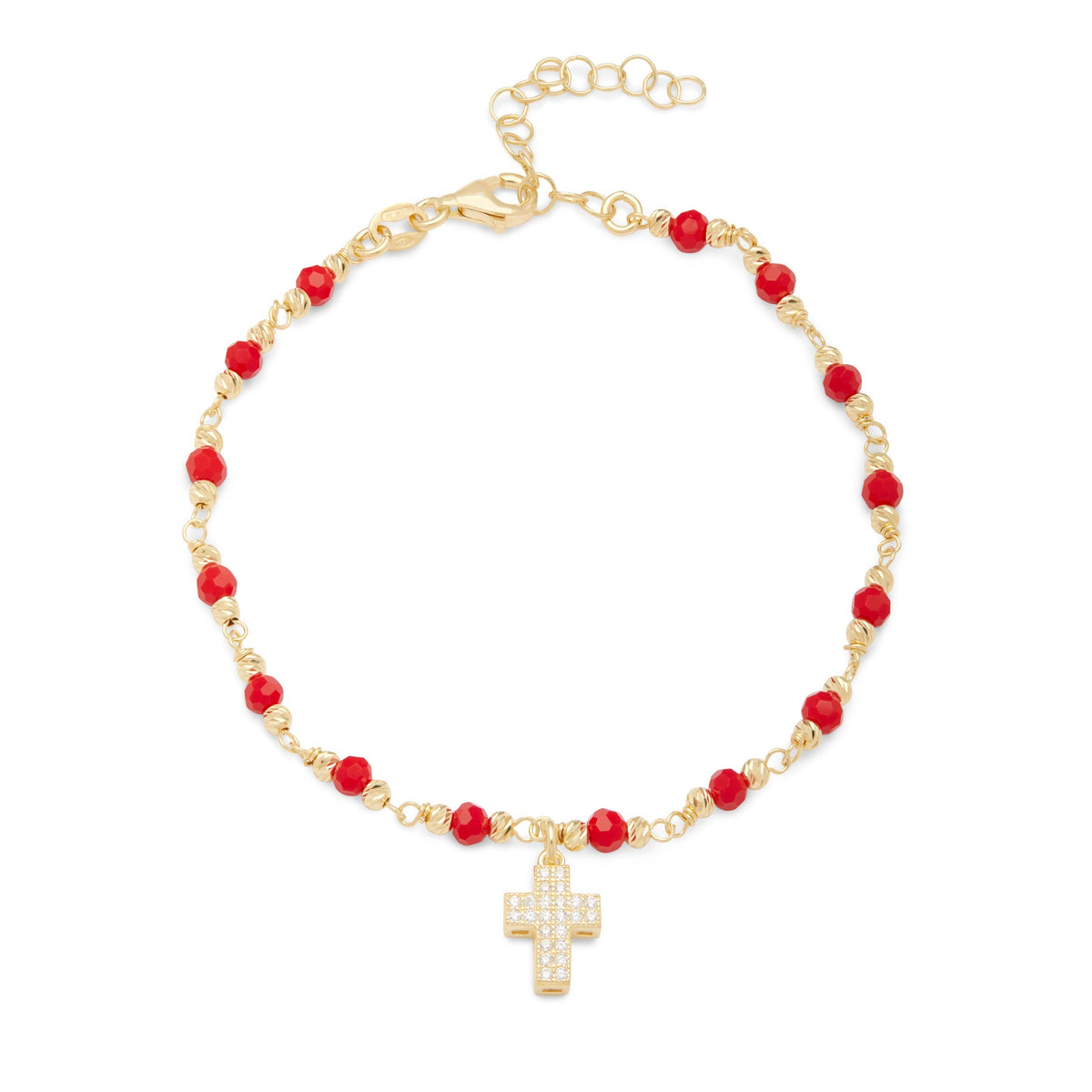 Gold-plated Sterling Silver Bracelet With Red Beads and Cross With Cubic Zirconia Pendant