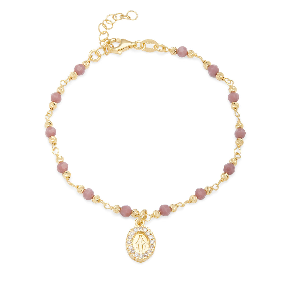 Gold-plated Sterling Silver Bracelet With Pink Glass Beads and Miraculous Medal With Cubic Zirconia Pendant