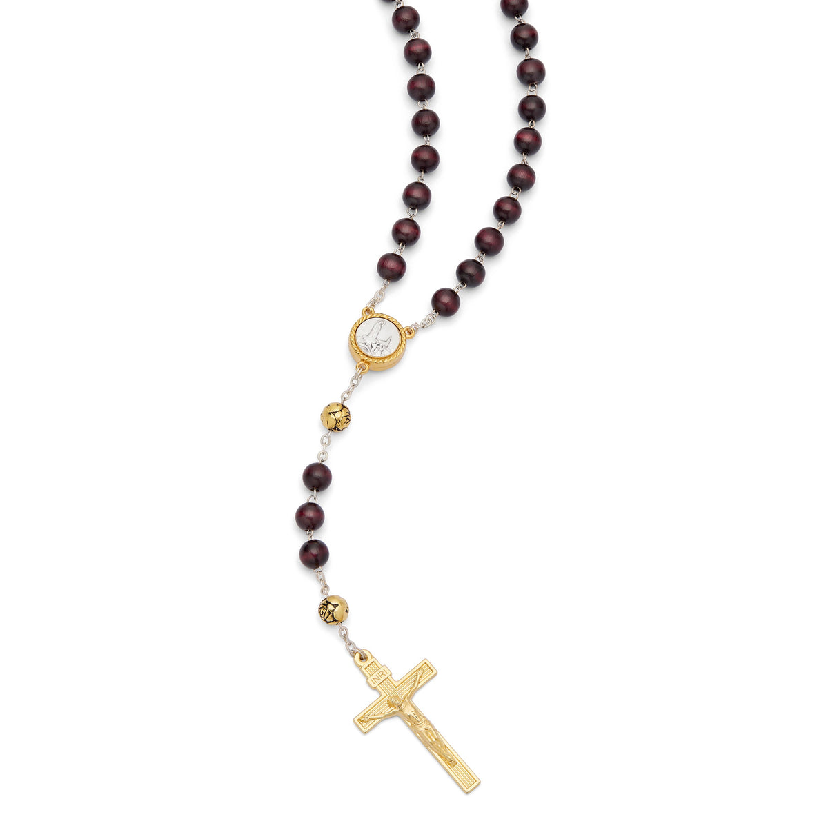 Our Lady Of Fatima Rosary with Dark Brown Wood Beads and Holy Land Soil Reliquary