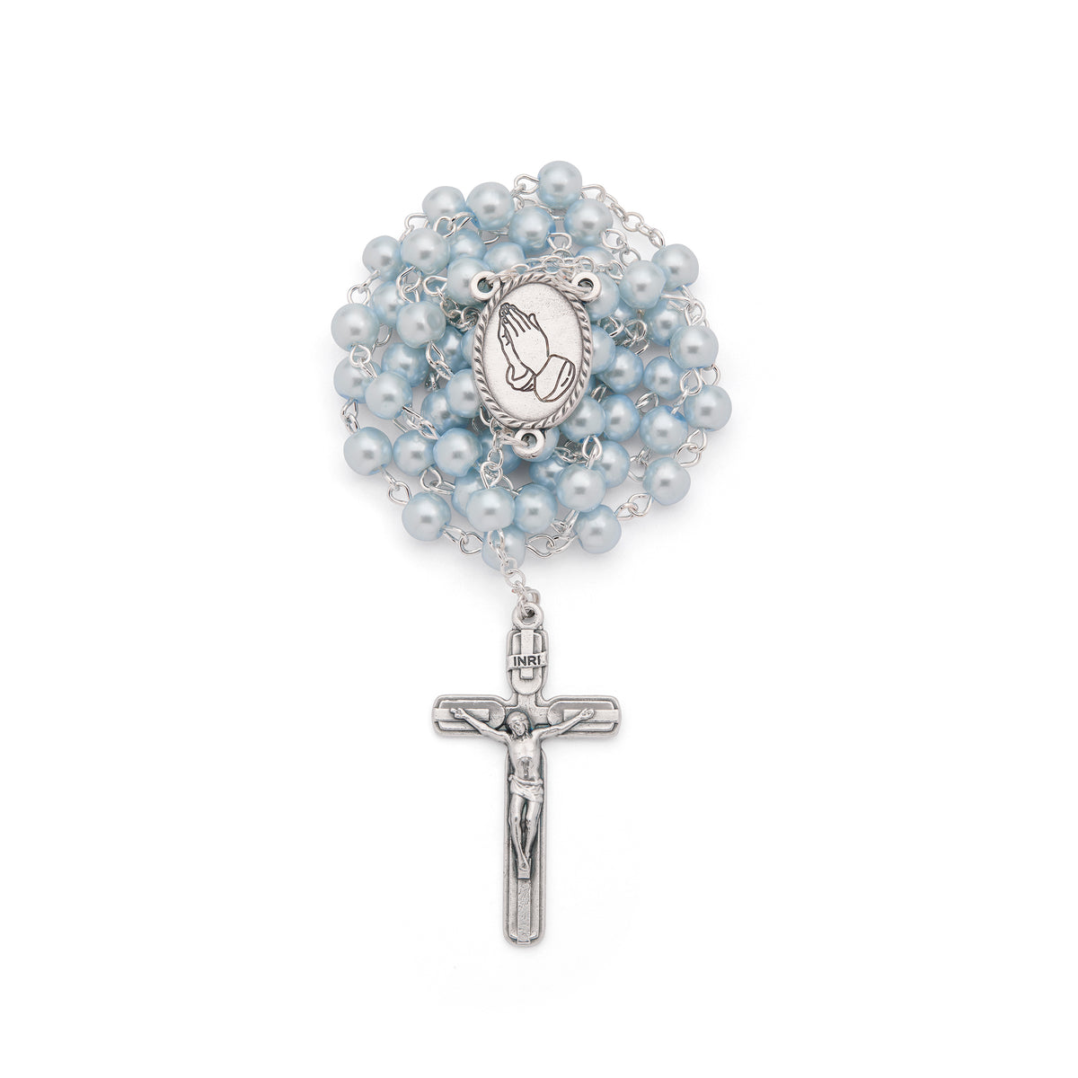 Gold-Tone Metal Pope Leo XIV Rosary Case with Light Blue Rosary