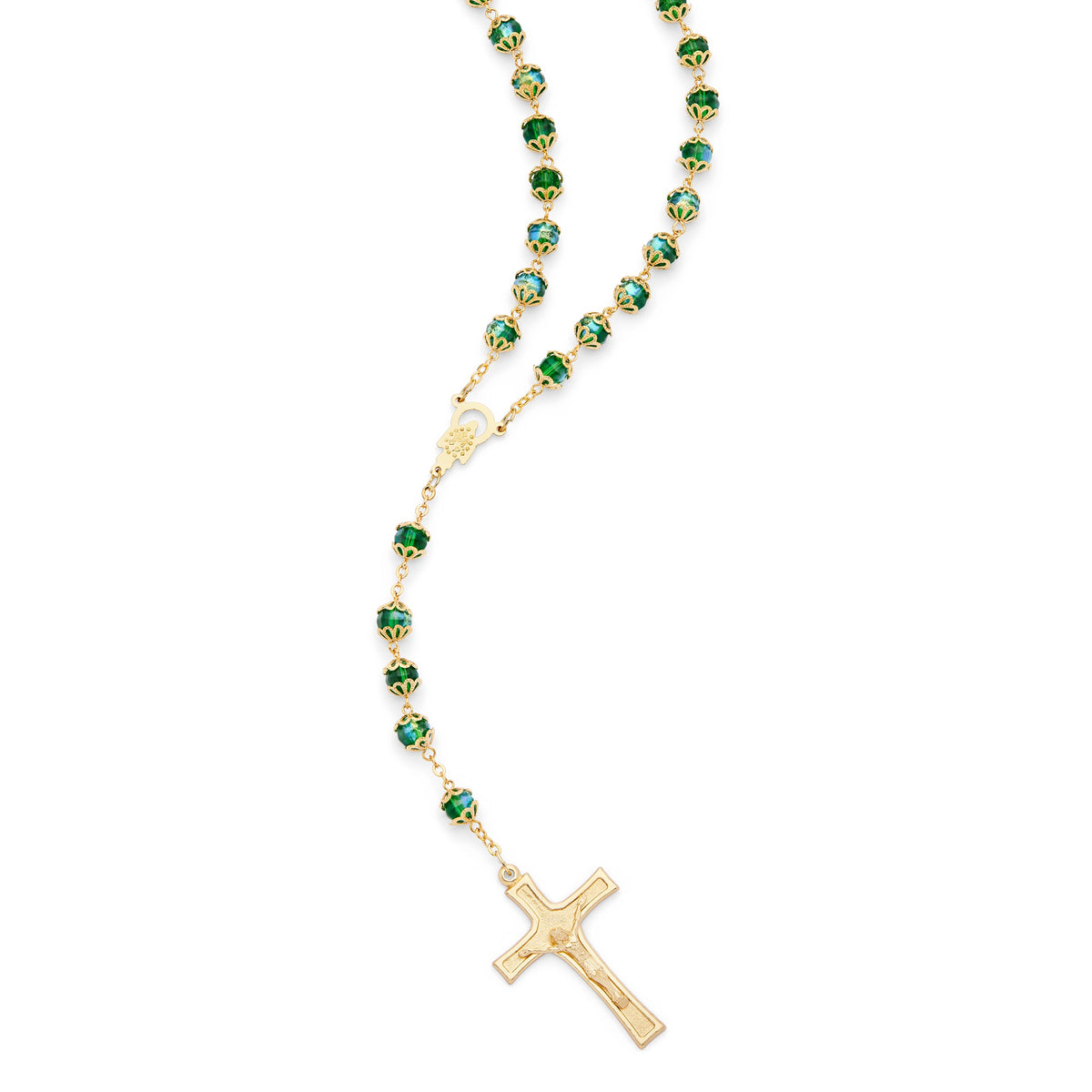 Gold-Tone Metal Rosary with Dark Green Faceted Crystal Beads