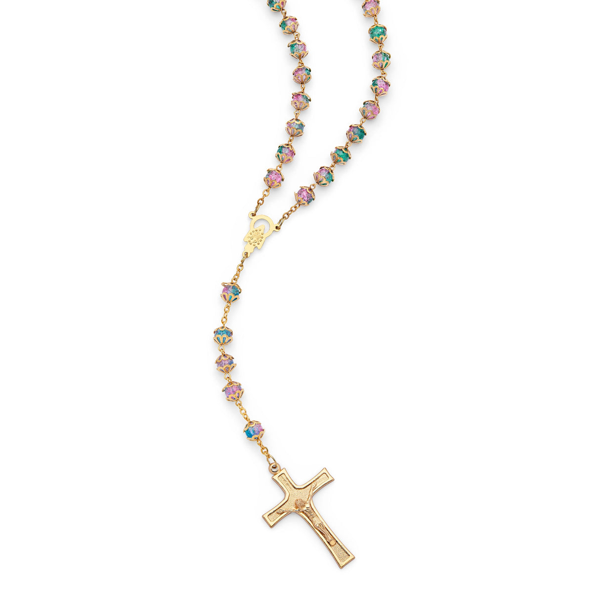 Gold-Tone Metal Rosary With Green And Pink Faceted Crystal Beads