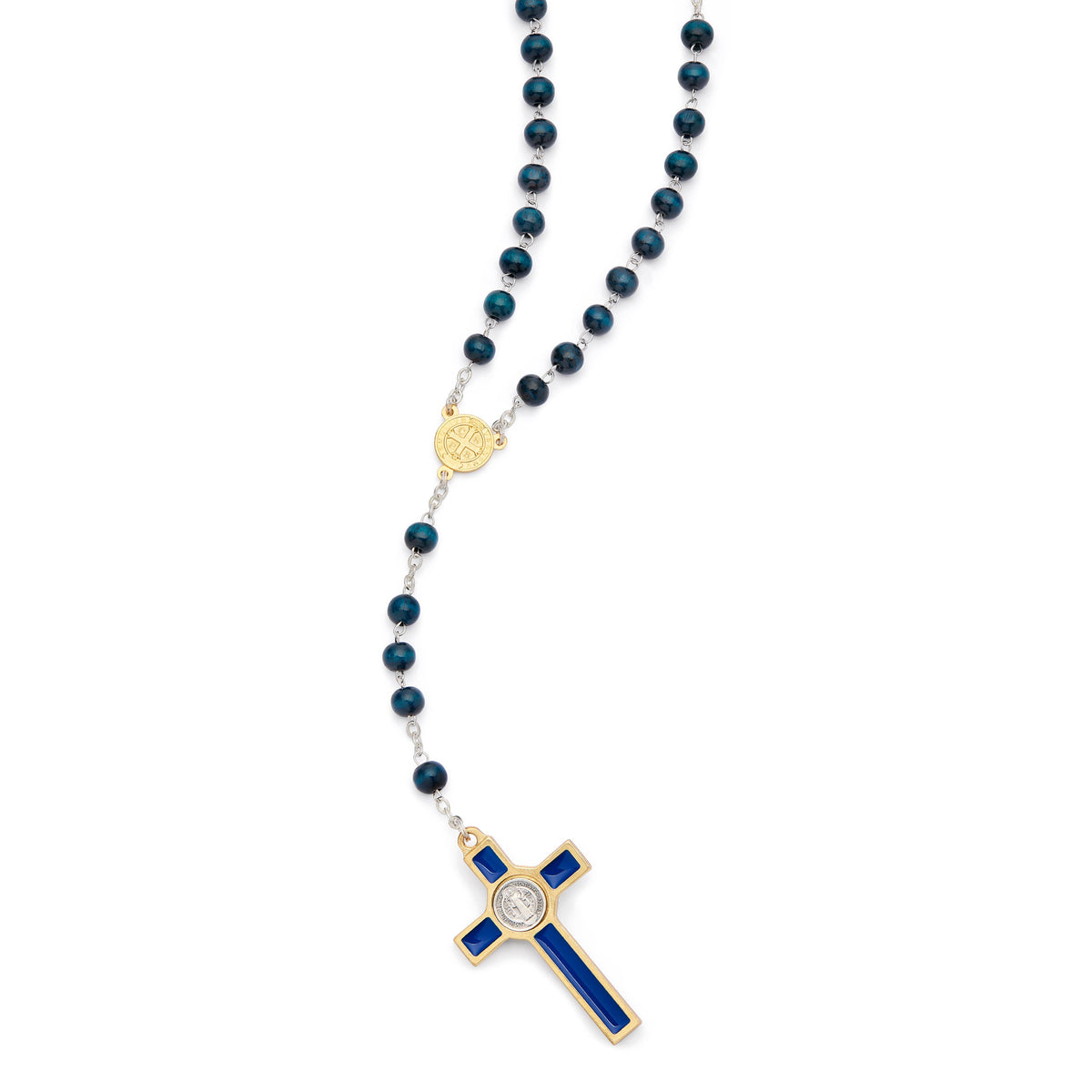 Gold-Tone Metal Saint Benedict Rosary with Blue Wood Beads and Enameled Crucifix