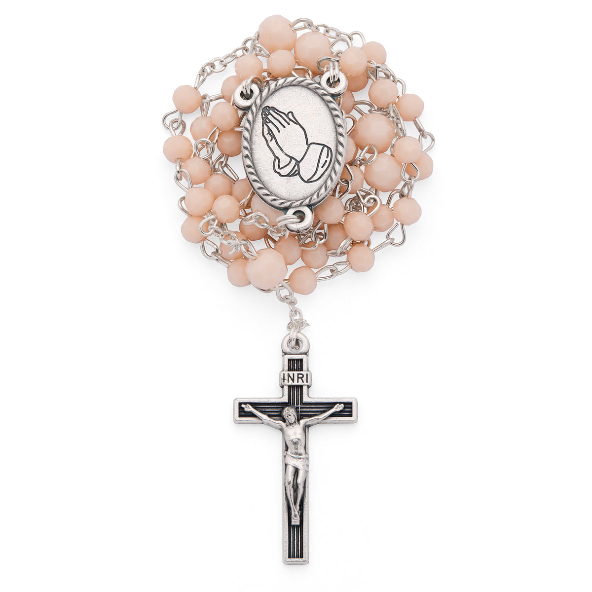 Metal Pope Leo XIV Rosary Case with Light Pink Rosary