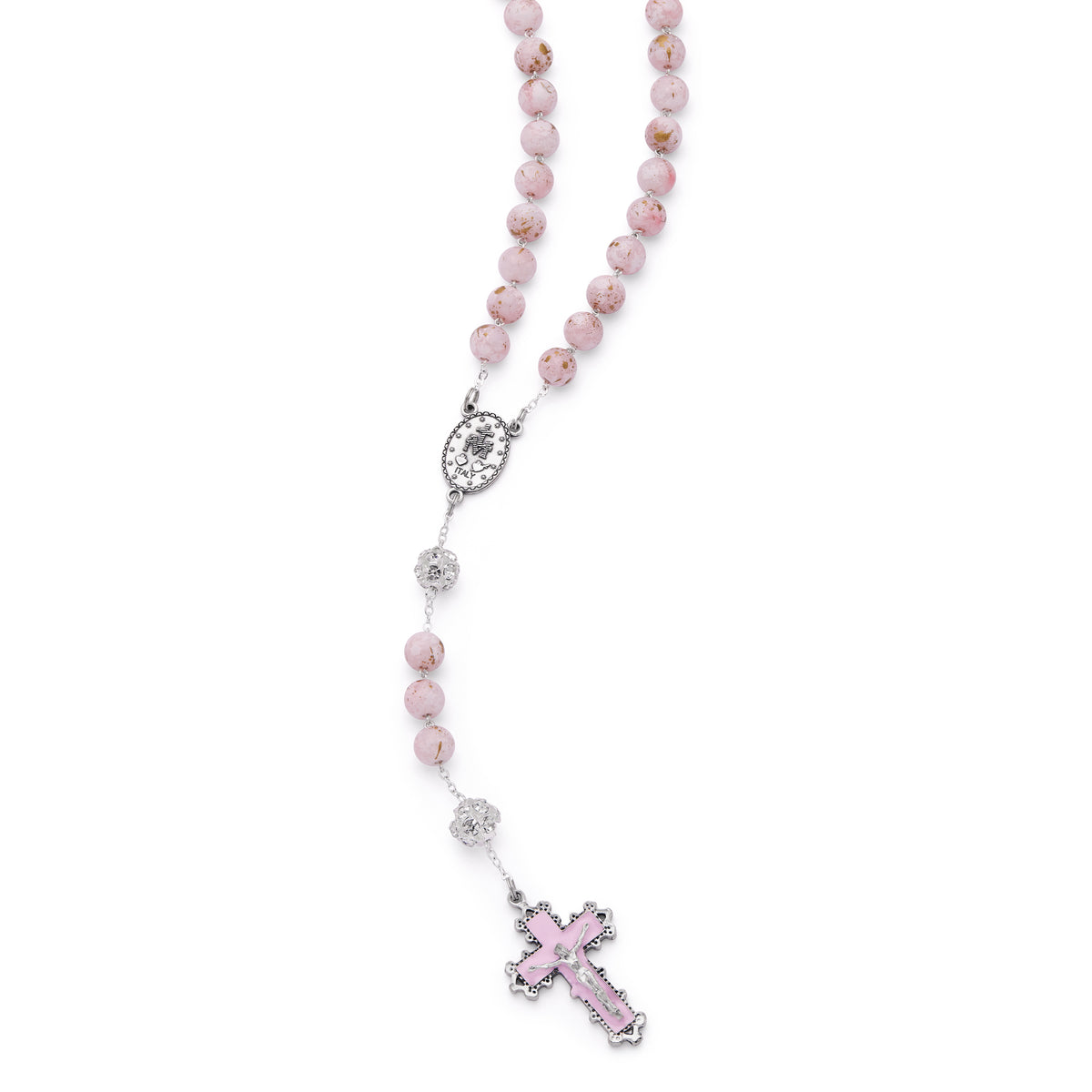 Metal Rosary with Light Pink Marble Effect Beads and Rhinestone Beads