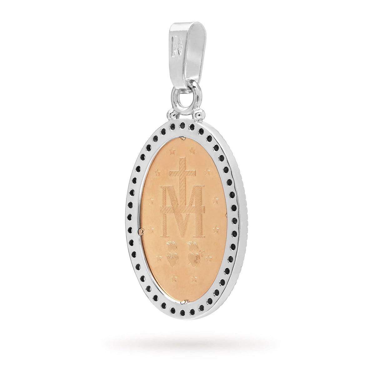 Yellow and White Gold Miraculous Medal with Cubic Zirconia and Smooth Bail