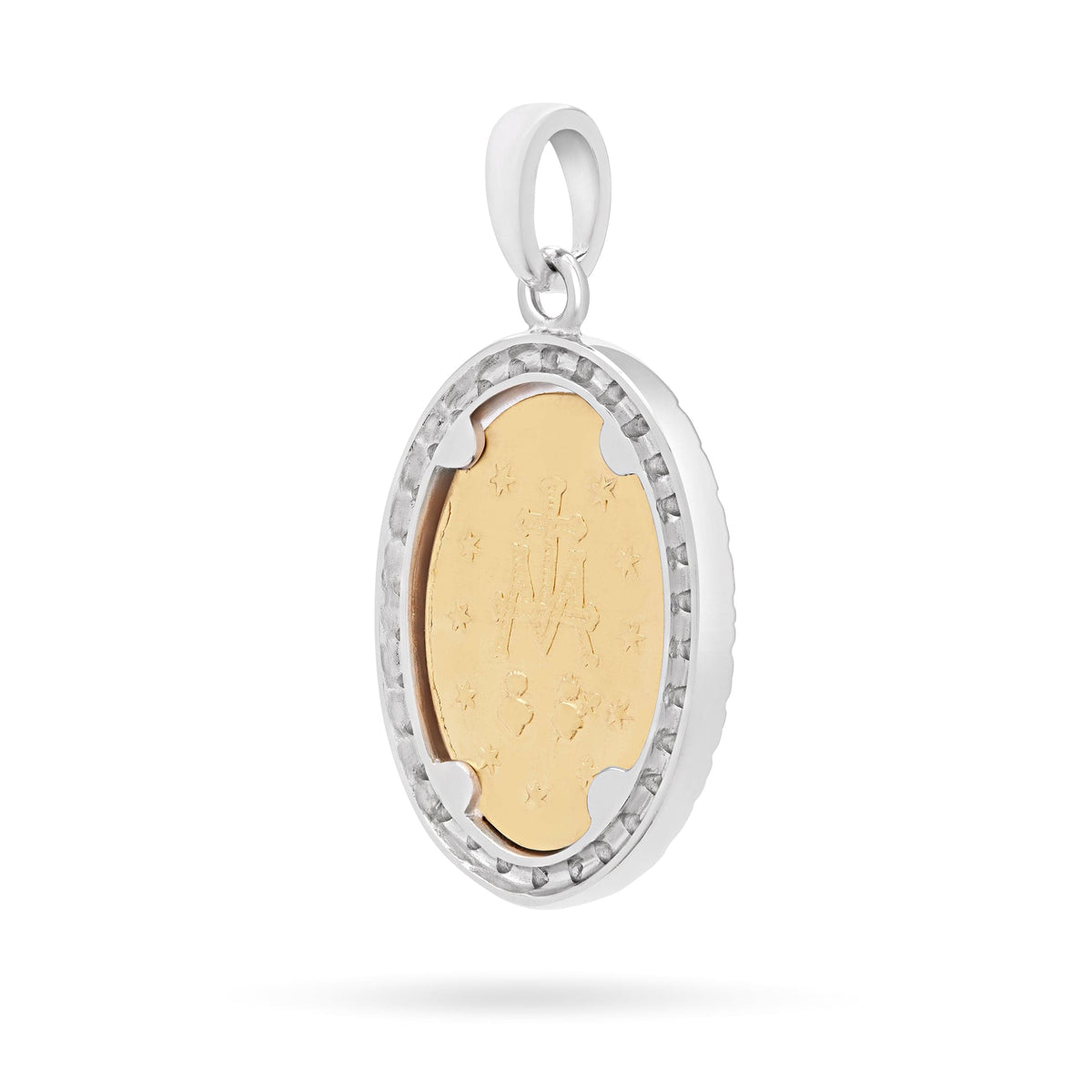Yellow and White Gold Miraculous Medal with Cubic Zirconia and Polished Bail