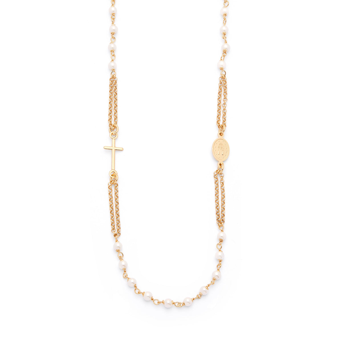 Gold-plated Sterling Silver Double Strand Rosary Necklace with Synthetic Pearl Beads