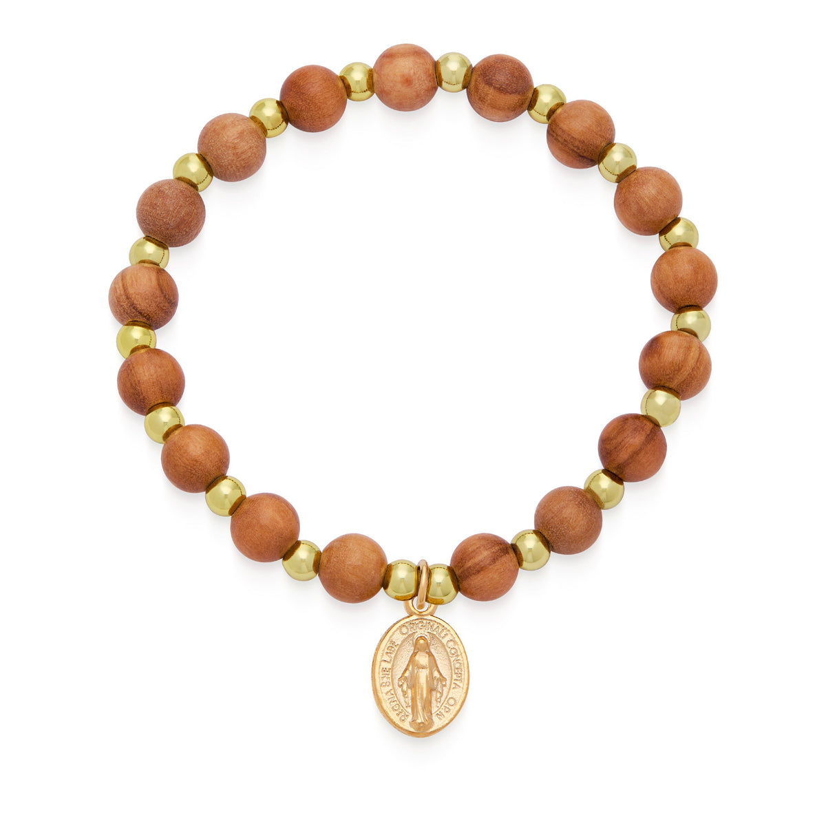 Olive Wood Elastic Bracelet With Miraculous Medal and Gold Details