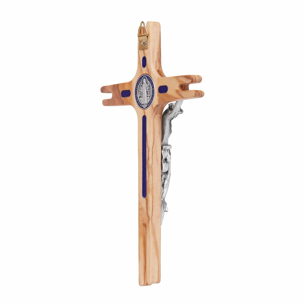 Olive Wood St. Benedict Crucifix With Blue Enameled Medal