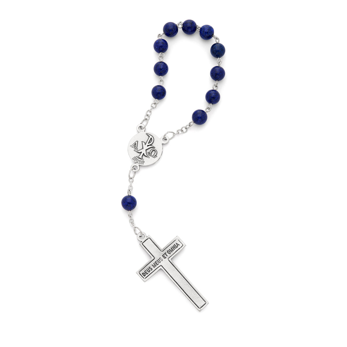 One Decade Rosary with Lapis Lazuli Beads and Blue Enameled Centerpiece and Crucifix