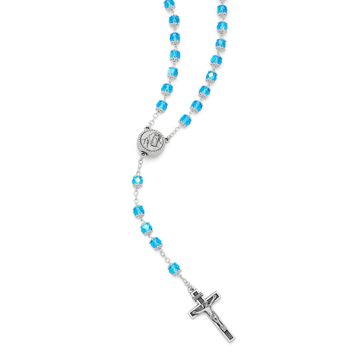 Our Lady of Lourdes Aquamarine Rosary with Holy Water Reliquary