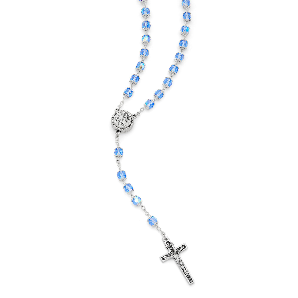 Our Lady of Lourdes Light Blue Rosary with Holy Water Reliquary