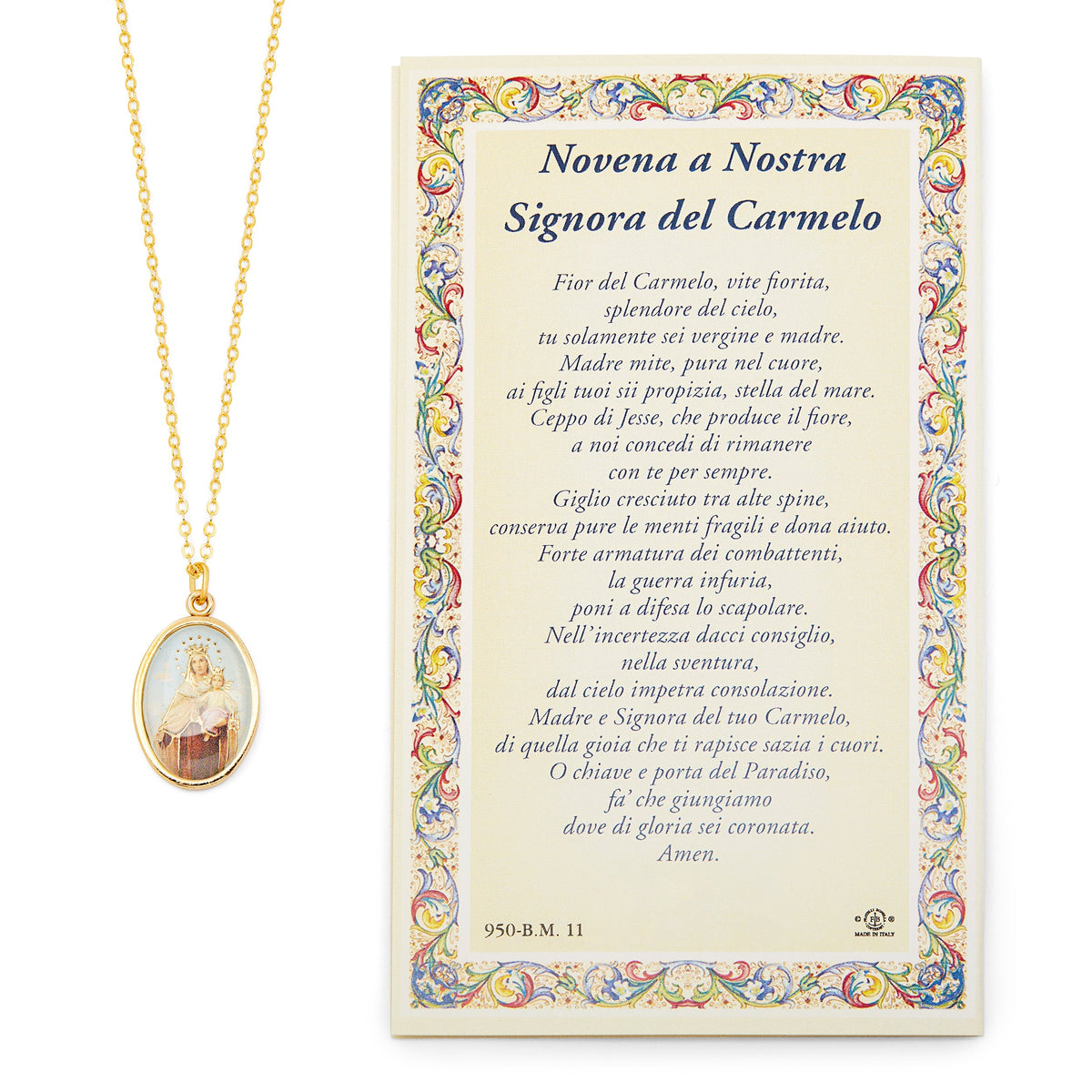 Our Lady of Mount Carmel Holy Card and Medal with the Chain