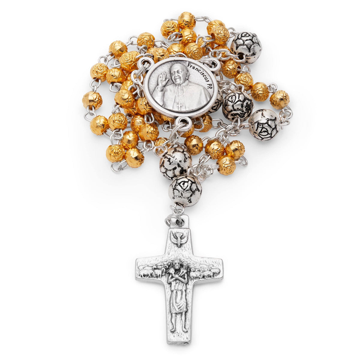 Golden Rosary Case With Mary Untier of Knots and Rose-shaped Beads Rosary