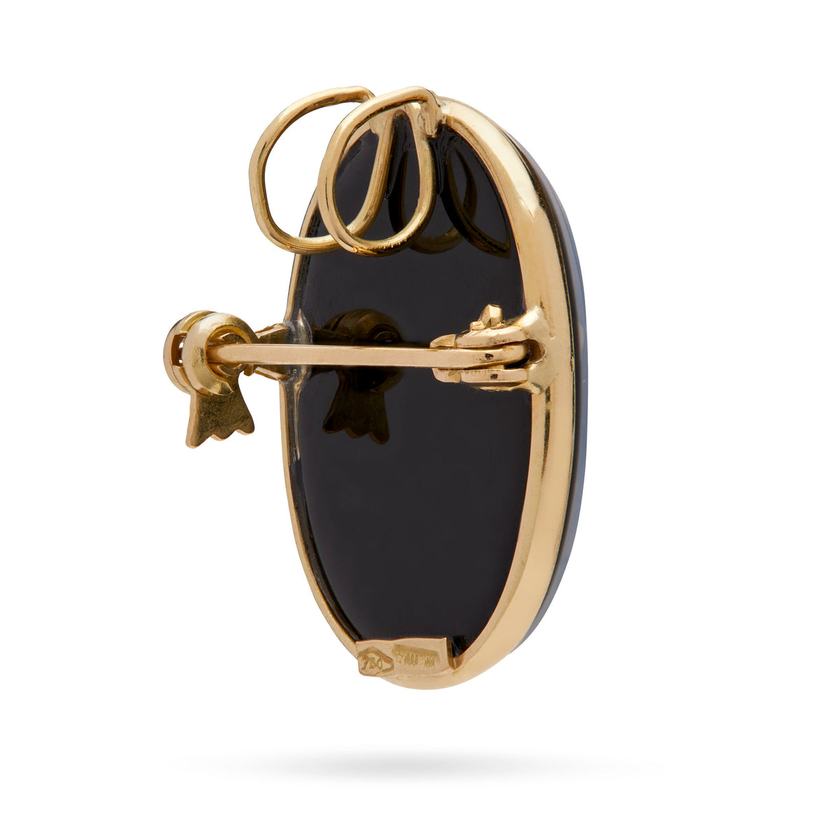 Oval Yellow Gold Brooch and Pendant With Black Agate Cameo Portraying a Putto