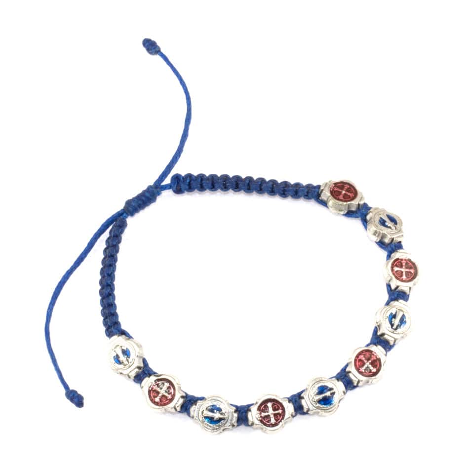 Red and Blue Enamel Saint Benedict Pewter Bracelet in Rope