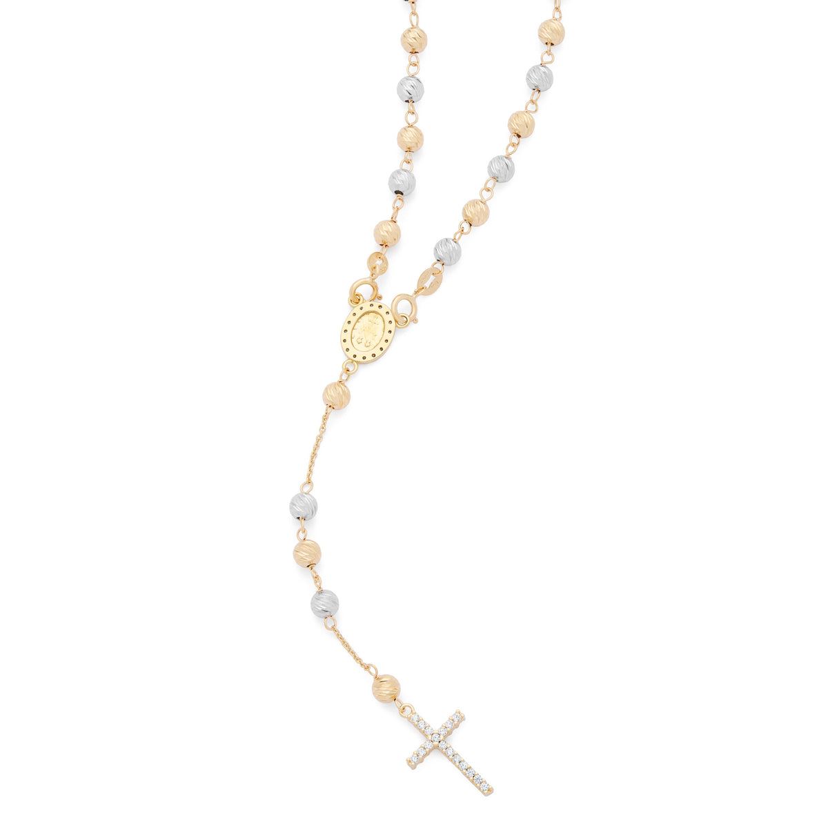 Rosary with Yellow Gold and White Gold Faceted Beads with Miraculous Medal and Cross in Cubic Zirconia