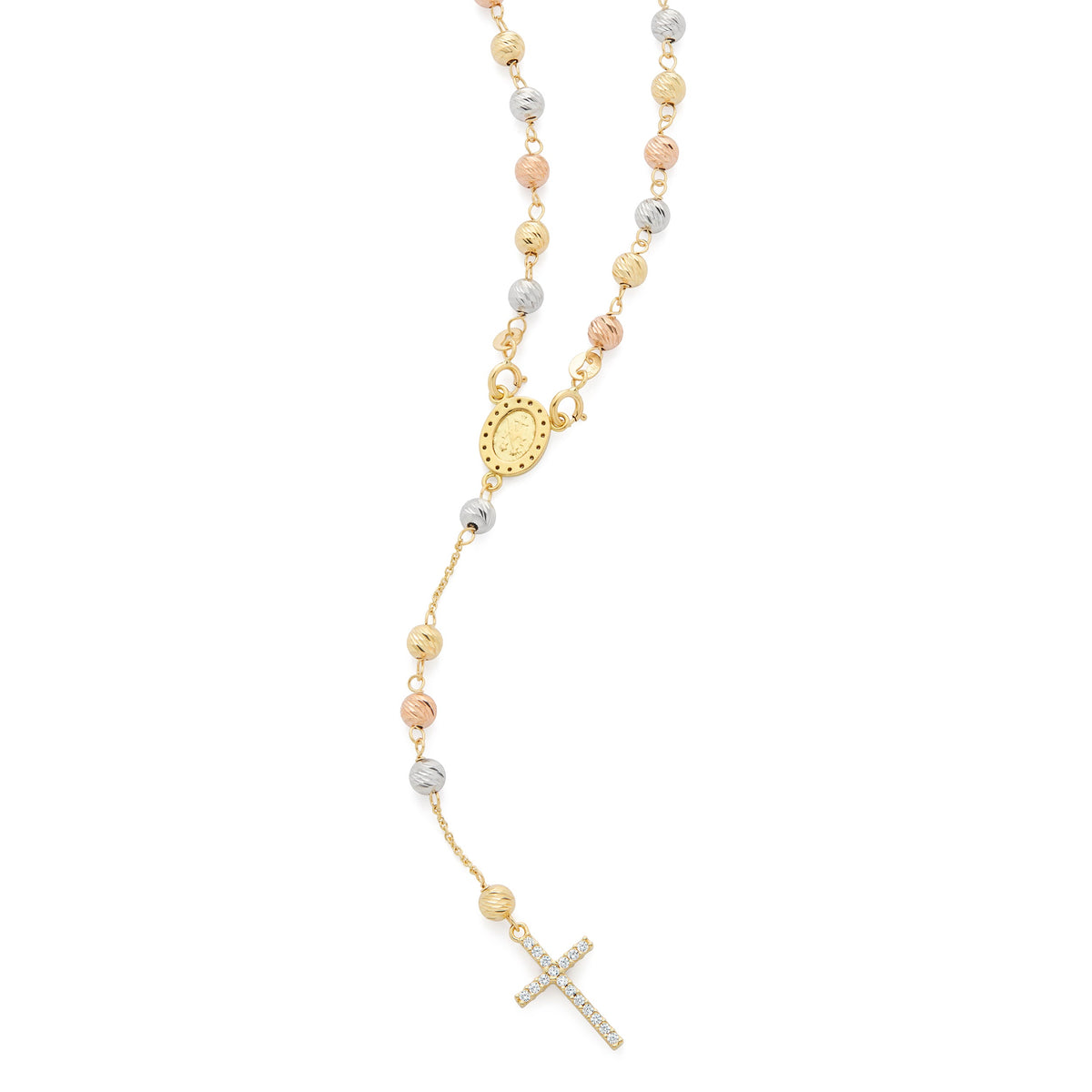 Rosary with Yellow Gold, White Gold and Rose Gold Beads, Miraculous Medal and Cross in Cubic Zirconia