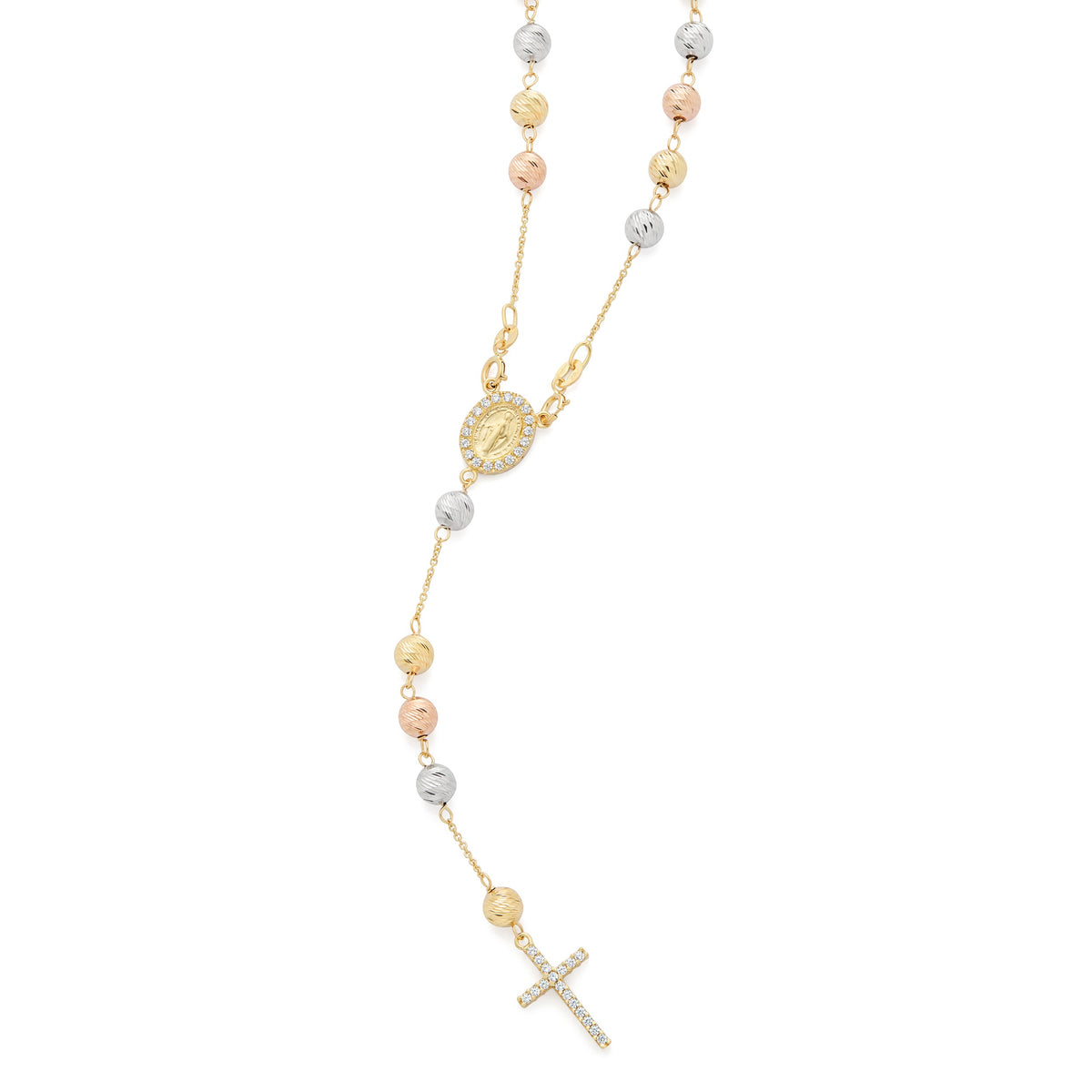 Rosary with Yellow Gold, White Gold and Rose Gold Faceted Beads with Miraculous Medal and Cross in Cubic Zirconia