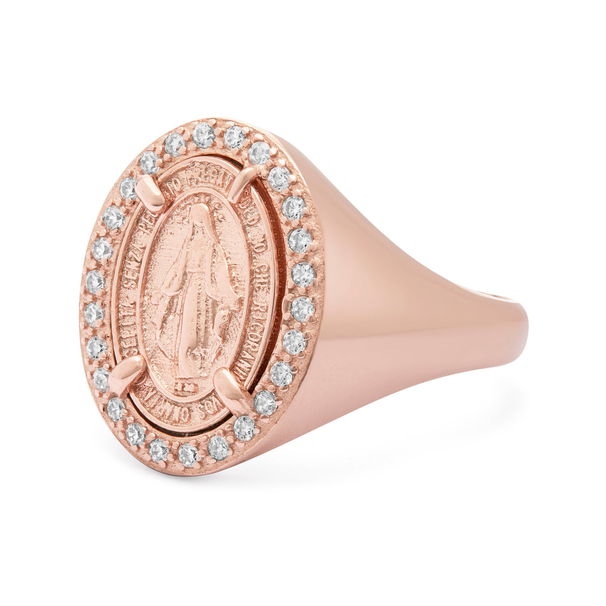 Rose Gold-plated Sterling Silver Adjustable Chevalier Ring With Miraculous Medal And Cubic Zirconia Details