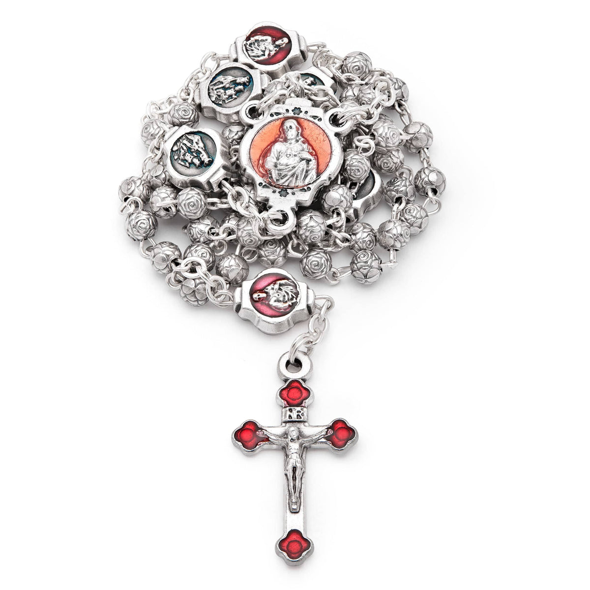 Red Enameled Scapular Rosary Case With Rose-shaped Beads Rosary