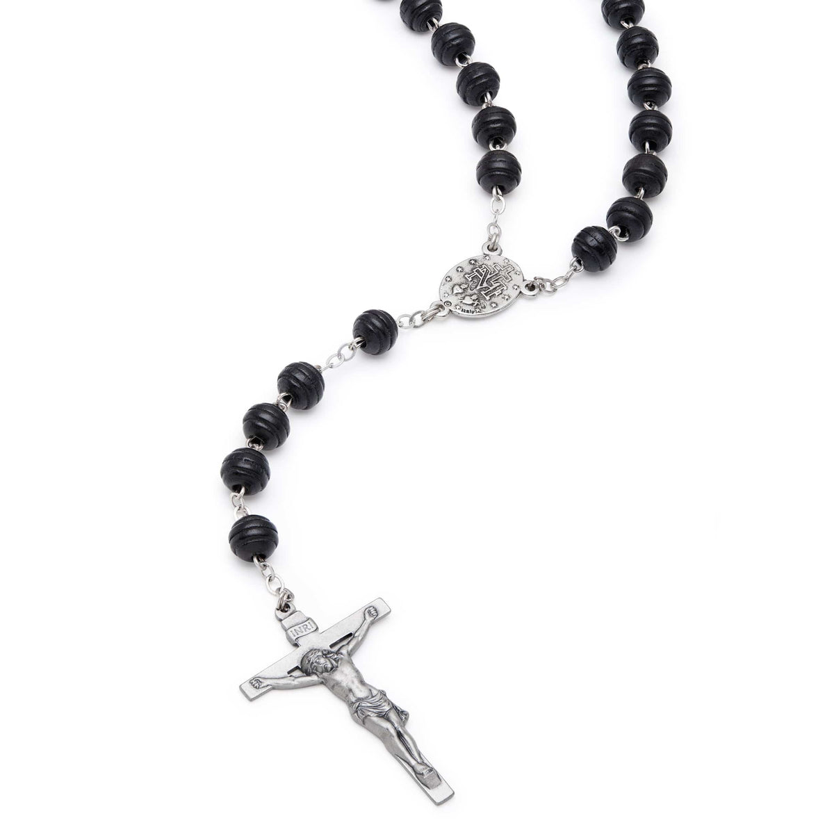 Silver rosary in black wood