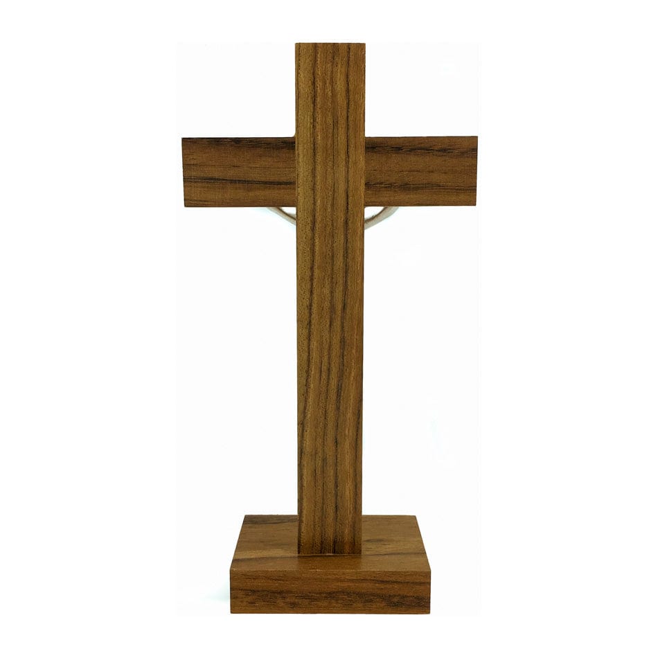 Standing Walnut Wood Crucifix Inlaid with Mother-of-pearl on Cross and Base