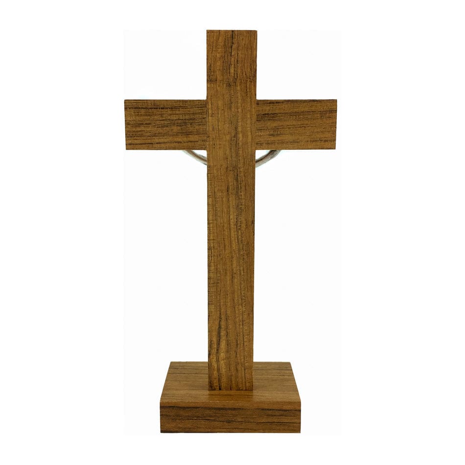 Standing Walnut Wood Crucifix with Silver Inlays and Details